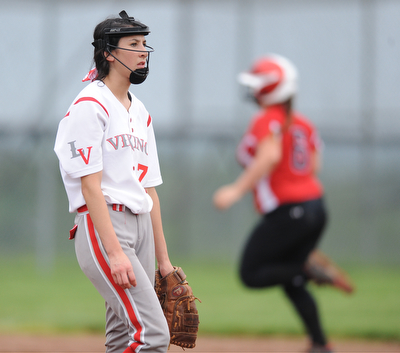 MASSILLON, OHIO - MAY 28, 2014: Pitcher Emily Dugan #7 of LaBrae reacts after allowing a 2 run home run to Emily Kusmits #6 of Manchester int he top of the 5th inning during a OHSAA tournament game at Massillon Washington High School. Manchester won 4-1. (Photo by David Dermer/Youngstown Vindicator)