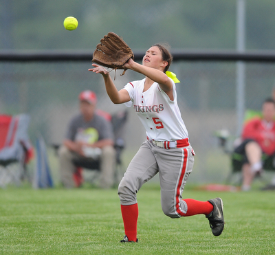 MASSILLON, OHIO - MAY 28, 2014: Outfielder Danielle Miracle #5 of LaBrae gets under the fly ball for the 1st out int he top of the 6th during a OHSAA tournament game at Massillon Washington High School. Manchester won 4-1. (Photo by David Dermer/Youngstown Vindicator)
