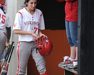MASSILLON, OHIO - MAY 28, 2014: Batter Emily Dugan #7 of LaBrae reacts int he dugout after being forced out after running to second on a caught fly ball in the outfield, she would be the 2nd out of the bottom of the 7th inning during a OHSAA tournament game at Massillon Washington High School. Manchester won 4-1. (Photo by David Dermer/Youngstown Vindicator)
