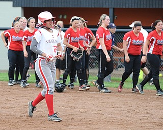 MASSILLON, OHIO - MAY 28, 2014: Base runner Haley Davies #25 of LaBrae fights back tears while walking to the dugout after being the final out of the ball game after a OHSAA tournament game at Massillon Washington High School. Manchester won 4-1. (Photo by David Dermer/Youngstown Vindicator)