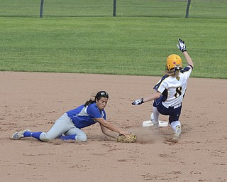 Katie Rickman } The Vindicator.Tallmadge's Brianna Idell (no. 8) is safe at second base as Poland's Brielle Nocera attempts to tag her out during the second inning of the tournament in Akron May 28, 2014.