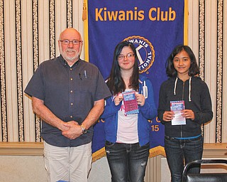 SPECIAL TO THE VINDICATOR
Annabelle Day, right, grand champion of the 81st Annual Vindicator Regional Spelling Bee in March, and Morgan Smith, center, runner-up, were honored at the May 16 lunch meeting of the Downtown Kiwanis at the Downtown YMCA. Gary Winslow, Kiwanis member, presented the girls with gift cards to Barnes & Noble. Annabelle is a seventh-grader attending Willow Creek Learning Center, and Morgan is a seventh-grader attending Discovery at Kirkmere.