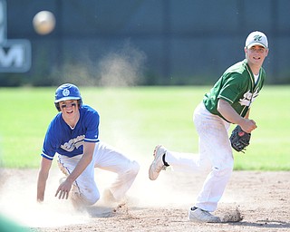 MASSILLON, OHIO - MAY 29, 2014: Infielder Joel Hake throws the ball to first base, to turn the game ending double play after stepping on second base to force out base runner Charlie Finucan #20 of Gilmore Academy during a OHSAA tournament game at Massillon Washington High School. Ursuline won 7-5. (Photo by David Dermer/Youngstown Vindicator)
