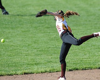 MASSILLON, OHIO - MAY 29, 2014: Infielder Lydia Baird #10 of South Range watches the ball as it drops over her head for a Independence single during a OHSAA tournament game at Massillon Washington High School. Independence won 3-0. (Photo by David Dermer/Youngstown Vindicator)
