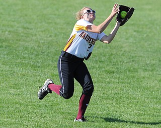 MASSILLON, OHIO - MAY 29, 2014: Outfielder Jessica Skirpak #2 of South Range gets under the fly ball for the out during a OHSAA tournament game at Massillon Washington High School. Independence won 3-0. (Photo by David Dermer/Youngstown Vindicator)