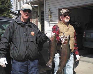 Russ Palusak of Boardman, left, and Steve Horvat of Canfield, display their catch in the fall of 2013 at the Grand River in Painesville.