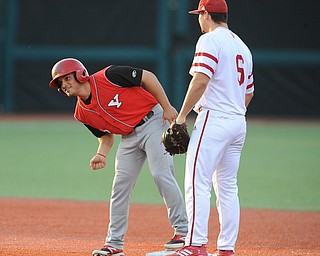 BLOOMINGTON, INDIANA - MAY 30, 2014: Base runner Mike Accardi #2 of Youngstown State pumps his arms after hitting a double during Friday nights regional tournament game against Indiana University. (Photo by David Dermer/Youngstown Vindicator)