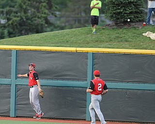 BLOOMINGTON, INDIANA - MAY 30, 2014: Outfielders Kevin Hix #1 and Mike Accardi #2 of Youngstown State react after watching the ball fly over the wall for a 3 run Indiana home run during Friday nights regional tournament game against Indiana University. (Photo by David Dermer/Youngstown Vindicator)