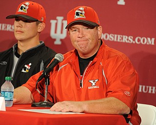 BLOOMINGTON, INDIANA - MAY 30, 2014: Head coach Steve Gillispie of Youngstown State answers questions from the media during the post game press conference after Friday nights regional tournament game against Indiana University. (Photo by David Dermer/Youngstown Vindicator)
