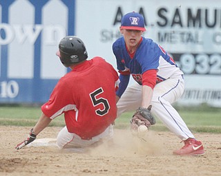 Western Reserve shortstop Tristan Bova, right, awaits a throw as Mathews’ Cobie Pratt (5) slides in safely at second base during a Division IV disrict final at Bob Cene Park. Bova and the Blue Devils are preparing for Thursday’s state semifinal.