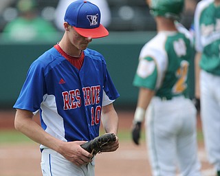 COLUMBUS, OHIO - JUNE 5, 2014: Pitcher Nick Allison #10 of Reserve walks off the field after being pulled from the game in the bottom of the 2nd inning during a OHSAA state semi-final game at Huntington Park. Newark Catholic won 6-2. (Photo by David Dermer/Youngstown Vindicator)