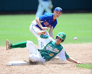 COLUMBUS, OHIO - JUNE 5, 2014: Base runner Zach Wollenburg #12 of Newark Catholic steals second base after infielder Wyatt Larimer #9 of Reserve misplays the baseball during the bottom of the 3rd inning during a OHSAA state semi-final game at Huntington Park. Newark Catholic won 6-2. (Photo by David Dermer/Youngstown Vindicator)