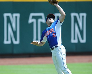 COLUMBUS, OHIO - JUNE 5, 2014: Outfielder Dan Zilke #6 of Reserve jumps to catch a fly ball for the 3rd out in the top of the 3rd inning, this would prevent a run from scoring during a OHSAA state semi-final game at Huntington Park. Newark Catholic won 6-2. (Photo by David Dermer/Youngstown Vindicator)