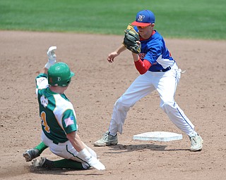 COLUMBUS, OHIO - JUNE 5, 2014: Infielder Walker Marloew #2 of Reserve prepares to tag out base runner Rob Engle #4 of Newark Catholic who was trying to steal second base, this would be the 3rd out of the bottom of the 4th inning during a OHSAA state semi-final game at Huntington Park. Newark Catholic won 6-2. (Photo by David Dermer/Youngstown Vindicator)
