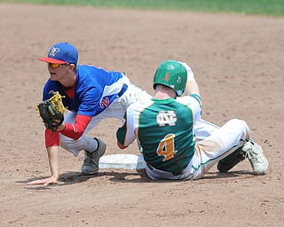 COLUMBUS, OHIO - JUNE 5, 2014: Infielder Walker Marloew #2 of Reserve shows the ball to the umpire after tagging out Rob Engle #4 of Newark Catholic who was trying to steal second base, this would be the 3rd out of the bottom of the 4th inning during a OHSAA state semi-final game at Huntington Park. Newark Catholic won 6-2. (Photo by David Dermer/Youngstown Vindicator)