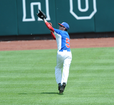 COLUMBUS, OHIO - JUNE 5, 2014: Outfielder Dan Rosati #5 of Reserve catches a fly ball for the 3rd out in the bottom of the 5th inning during a OHSAA state semi-final game at Huntington Park. Newark Catholic won 6-2. (Photo by David Dermer/Youngstown Vindicator)