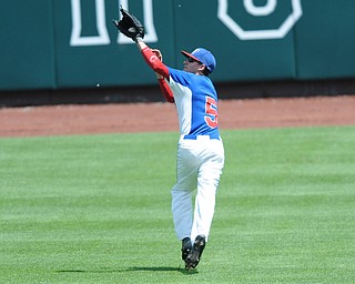 COLUMBUS, OHIO - JUNE 5, 2014: Outfielder Dan Rosati #5 of Reserve catches a fly ball for the 3rd out in the bottom of the 5th inning during a OHSAA state semi-final game at Huntington Park. Newark Catholic won 6-2. (Photo by David Dermer/Youngstown Vindicator)