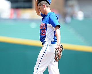 COLUMBUS, OHIO - JUNE 5, 2014: Pitcher Tristan Bova #23 of Reserve reacts to allowing multiple runs in the bottom of the 6th inning during a OHSAA state semi-final game at Huntington Park. Newark Catholic won 6-2. (Photo by David Dermer/Youngstown Vindicator)
