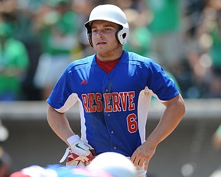 COLUMBUS, OHIO - JUNE 5, 2014: Base runner Dan Zilke #6 of Reserve reacts after being tagged out at home plate to end the game during a OHSAA state semi-final game at Huntington Park. Newark Catholic won 6-2. (Photo by David Dermer/Youngstown Vindicator)