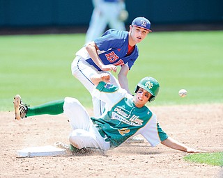 Newark Catholic’s Zach Wollenburg (12) steals second base as the throw eludes Western Reserve’s Wyatt Larimer
during the bottom of the third inning Thursday at Huntington Park in Columbus. Newark Catholic beat Western
Reserve, 6-2, in a Division IV state semifinal. The Green Wave will meet Defiance Tinora in the state final Saturday.