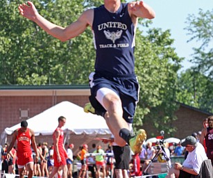 Riley Fillman of Hanoverton United jumps in the long jump of Division 2 State Track Meet at the Jesse Owens Memorial Stadium in Columbus, Ohio, Friday, June 6, 2014. (Photo/Mark Hall)