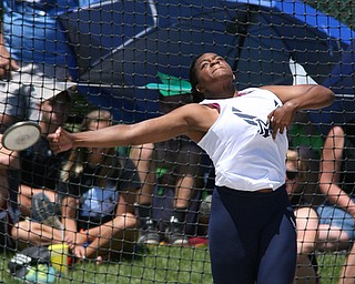 Jai' Lynn Mosley of McDonald releases the discus in the Division 3 State Meet at the Jesse Owens Memorial Stadium in Columbus, Ohio, Friday, June 6, 2014. (Photo/Mark Hall)
