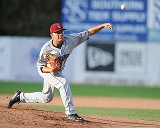 JAMESTOWN, NEW YORK - JUNE 13, 2014: Starting pitcher Sean Brady #8 throws a pitch during the the bottom of the 1st inning during a game at Russell Diethrick Park. (Photo by David Dermer/Youngstown Vindicator)