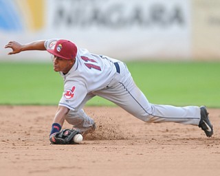 JAMESTOWN, NEW YORK - JUNE 13, 2014: Infielder Ordomar Valdez #11 of the Scrappers attempts to maintain possession of the baseball, unsuccessfully after a awkward catch. A Jamestown run would score in the bottom of the 3rd inning during a game at Russell Diethrick Park. (Photo by David Dermer/Youngstown Vindicator)