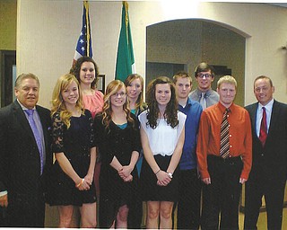 SPECIAL TO THE VINDICATOR
Youngstown Wolves Club presented scholarships at a banquet May 16. From left are Joseph Meranto, Wolves scholarship chairman; scholarship recipients Kayle Augustine, Rachel Marchese, Jessica Augustine, Britnee Grantz, Alyssa Zorzi, James Field, Joseph Sebest and Kevin McNally; and David DiGiacomo, president of Wolves.