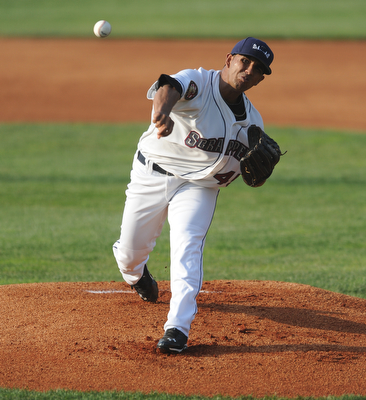NILES, OHIO - JUNE 17, 2014: Pitcher Anthony Vizcaya #45 of the Scrappers throws a pitch during the top of the 1st inning during Tuesday nights New York Penn League game at Eastwood Field. (Photo by David Dermer/Youngstown Vindicator)