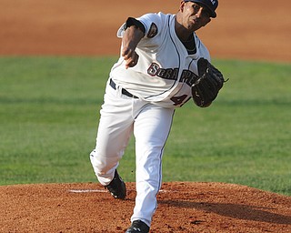 NILES, OHIO - JUNE 17, 2014: Pitcher Anthony Vizcaya #45 of the Scrappers throws a pitch during the top of the 1st inning during Tuesday nights New York Penn League game at Eastwood Field. (Photo by David Dermer/Youngstown Vindicator)