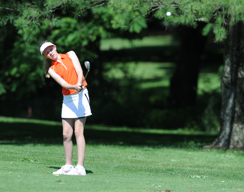 HERMITAGE, PENNSYLVANIA - JUNE 20, 2014: Jenna Jacobson of Poland chips her shot from the fairway toward the green on the 13th hole Friday morning at Tam O'Shanter golf course during the Vindy Greatest Golfer tournament. (Photo by David Dermer/Youngstown Vindicator)