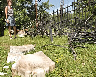 Liberty Twp Trustee Jodi Stoyak looks over damage done to fence and tombstones at township cemetery atcorner of Rt 304/193.