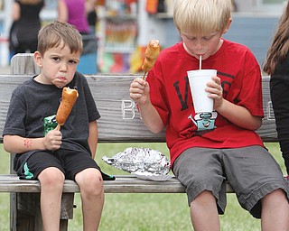 Santino Ianazone, 5, left, and his cousin, Dominick Woloschak, 8, both of North Jackson, chow down at the Trumbull County Fair this week.
