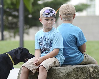 KATIE RICKMAN | THE VINDICATOR.Grant Lyda, 6, sits back to back with his brother, 7-year-old Luke Lyda, at the Summer Festival of the Arts Saturday. Their dog, Daisy, stands beside them. The boys live in Warren.