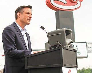 Paul Brown, chief executive officer of Arby’s, speaks at the fast-food chain’s 50th anniversary celebration in Champion. He spoke Wednesday about the Mahoning Valley’s impact on the global brand that started in Boardman on July 23, 1964.