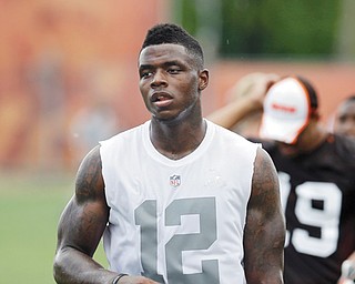 Browns wide receiver Josh Gordon walks off the field after organized team activities at the team’s facility in Berea.