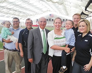 SPECIAL TO THE VINDICATOR
From left to right are Elinor and Jason Erb; Thomas John Meister of WBBG, the 2014 Heart Walk master of ceremonies; Frank Hierro of Hungtinton Bank, 2014 Heart Walk chairman; Joy and Emmet Erb; and Dave Sess and Erika Thomas of WKBN TV, a media sponsor. The Erb family represents one of the many families in the tri-county area affected by heart disease. Their son, Emmet, is a survivor of heart defects and is the local 2014 Heart Child.