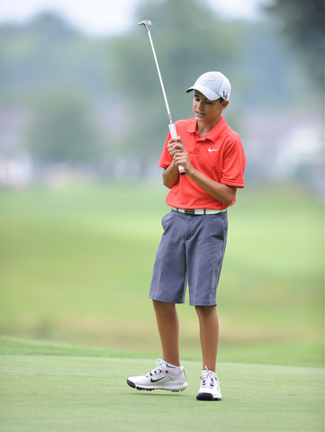 WARREN, OHIO - JULY 27, 2014: Brian Terlesky reacts after pushing his putt wide of the hole on the 3rd hole Sunday afternoon at Avalon Lakes Country Club during the Vindy Greatest Golfer Tournament. (Photo by David Dermer/Youngstown Vindicator)