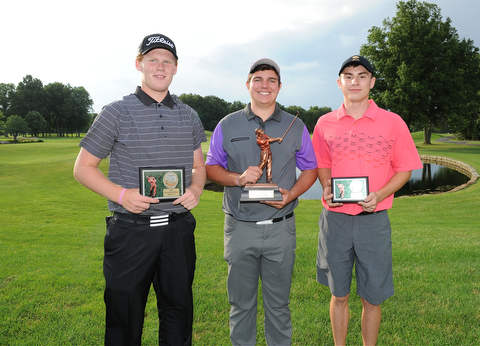 WARREN, OHIO - JULY 27, 2014: Donavan Ray, Nolan Snyder and Bradley Miller pose for a picture with their trophies Sunday evening at avalon Lakes Country Club. (Photo by David Dermer/Youngstown Vindicator)