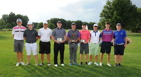 WARREN, OHIO - JULY 27, 2014: (LtoR) Ken Keller, Joey Shushok, Avery Andric, Nolan Snyder, Donavan Ray, Bradley Miller, Billy Colbert, Jacob Wilson and Zach Jacobson the 2014 participants in the U17 Vindy Greatest Golfer.