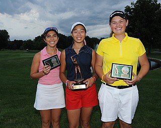 WARREN, OHIO - JULY 27, 2014: (LtoR) Christina Cooper, Jacinta Pikunas and Kaylee Neumeister pose for a picture with their trophies Sunday evening at avalon Lakes Country Club. (Photo by David Dermer/Youngstown Vindicator)