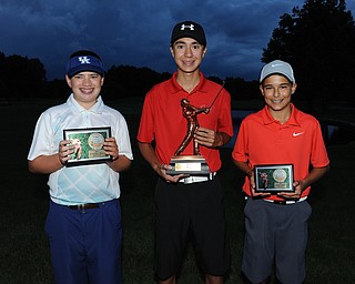 WARREN, OHIO - JULY 27, 2014: (LtoR) Cole Christman, Jared Wilson and Jimmy Graham pose for a picture with their trophies Sunday evening at avalon Lakes Country Club. (Photo by David Dermer/Youngstown Vindicator)