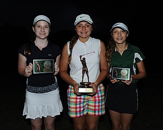 WARREN, OHIO - JULY 27, 2014: Hannah Keffler, Jenna Vivo and Britney Jonda pose for a picture with their trophies Sunday evening at avalon Lakes Country Club. (Photo by David Dermer/Youngstown Vindicator)