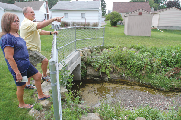 Gary and Joanne Kalbasky look over a creek in the backyard of their Judith Lane home in Struthers. They are hoping a new project will cover the creek and correct erosion problems it creates.