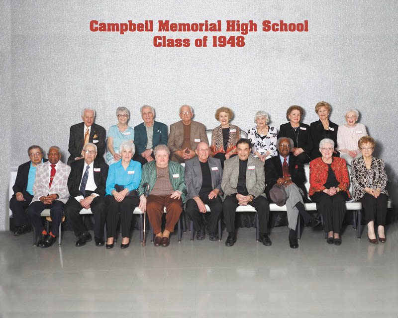SPECIAL TO THE VINDICATOR
Campbell Memorial High School Class of 1948 had its 65th year reunion April 12 in conjunction with the all-alumni reunion. The event took place at Mr. Anthony’s Banquet Centre. From left in row one are John Mastrovaselis, Delmar McClendon, Tony Musolino, Claire (Carano) Musolino, Eleanor (Sulik) Sandy, Al Glass, Dennis Katsaras, James Gray, Dolores (Hudran) Vrabel, and Minnie (Pilatos) Orologas. In row two are Pete Alexoff, Doris (Famor) Lockshaw, Ed Kubus, John Texter, Mary Lou (Baka) Macala, Eleanor (Hoffman) Gresko, Eleanor (Ostrowski) Kozusko, Mary (Evanoff) Fredericks and Jane (Koly) Mowry.