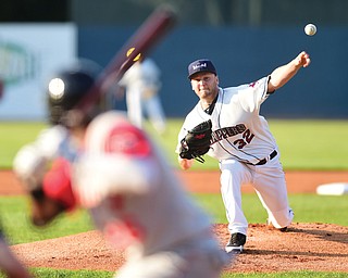 Scrappers starting pitcher Nick Maronde works the mound against Brooklyn Cyclone batter John Mora in the first inning of Wednesday’s game at Eastwood Field in Niles. The Scrappers won 2-1 on a sacrifice fly by first baseman Leo Castillo in the 12th inning.