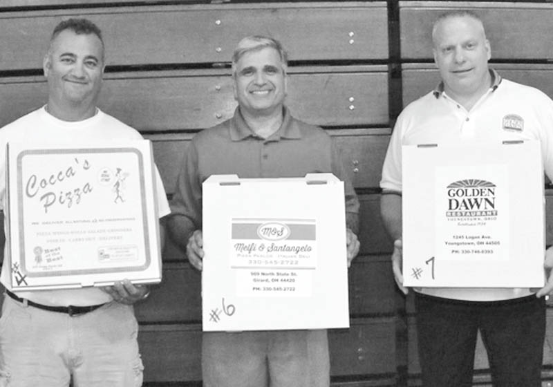 SPECIAL TO THE VINDICATOR
Above are winners of St. Rose Church’s first Pizza Cook Off, which took place Aug. 9. First place was won by Melfi and Santangelo’s Pizza Parlor in Girard, center. Winning second place was Golden Dawn in Youngstown, at right, and third place was Cocca’s Pizza, left.