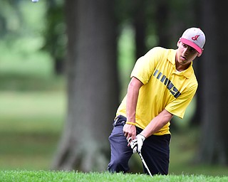 BOARDMAN, OHIO - AUGUST 22, 2014: Nick Capogreco of Niles shoots his ball out of the bunker n the 9th hole on the south course Friday morning at Mill Creek Golf Course during the Vindy Greatest Golfer Tournament. (Photo by David Dermer/Youngstown Vindicator)