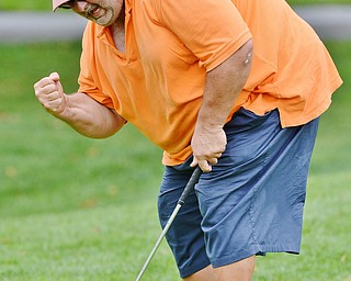 Jeff Lange | The Vindicator  Tony Sandy celebrates after he sinks his putt on his final hole of the day. Sandy later went to sudden death with Ryan Griffith resulting in a last-minute loss for Sandy, Sunday afternoon in Poland.
